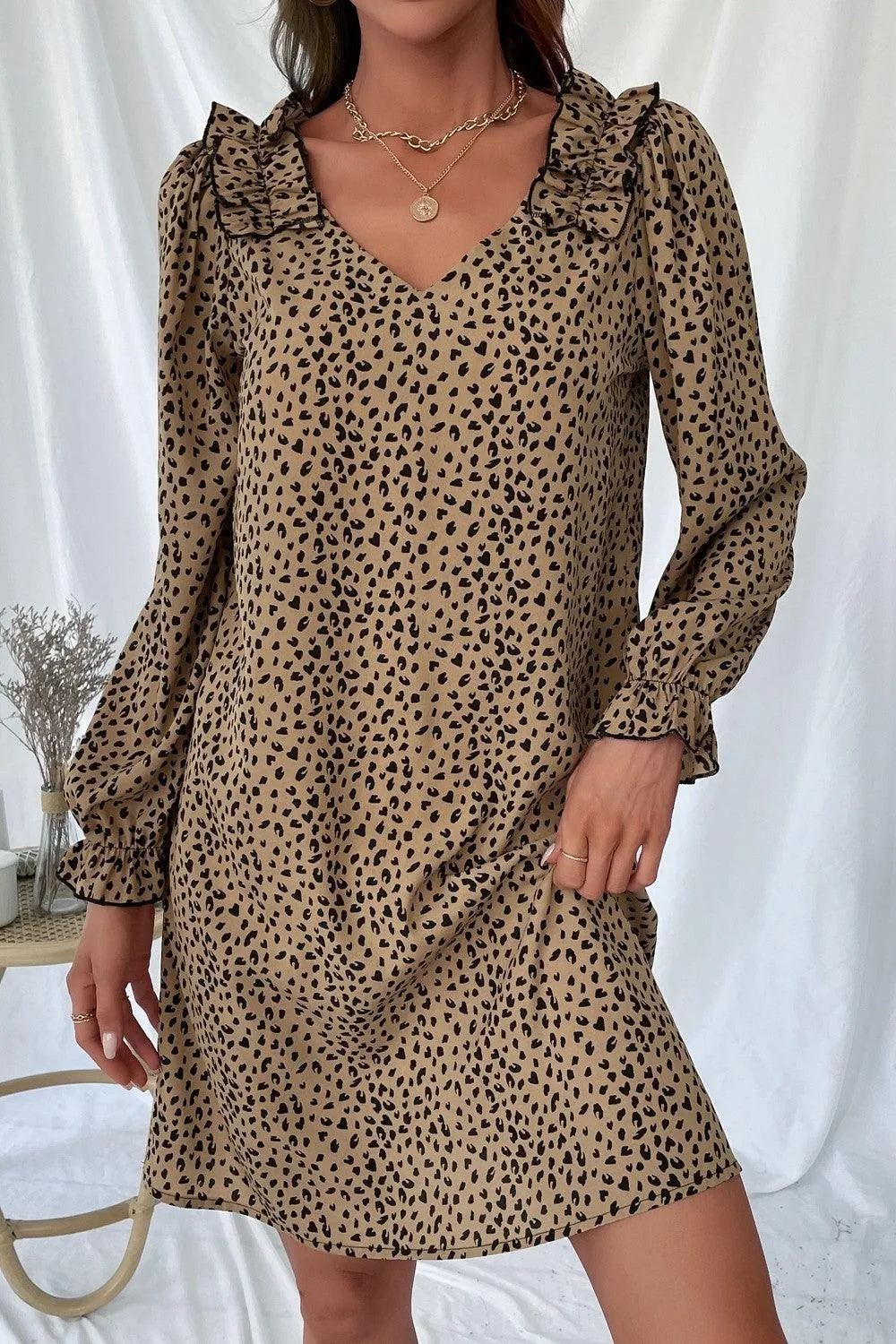 Leopard Frill Trim V-Neck Dress