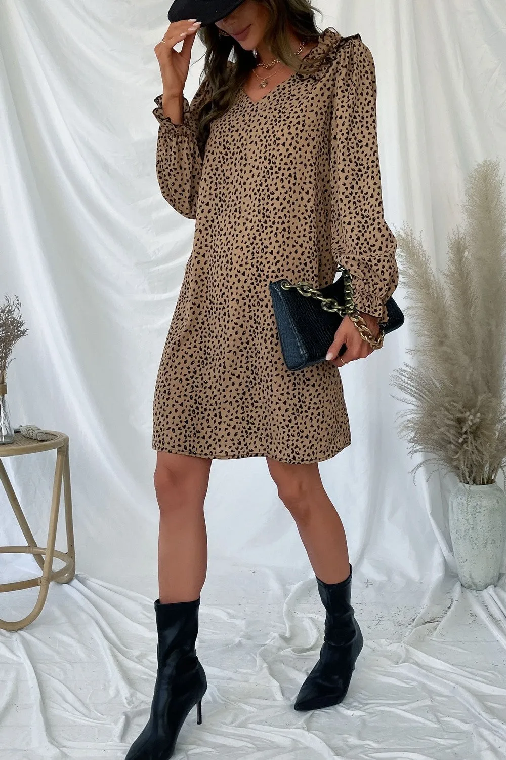 Leopard Frill Trim V-Neck Dress