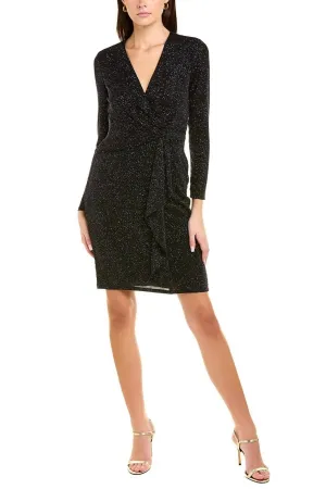 London Times Long Sleeve Shirred Surplice Side Flounce Dress