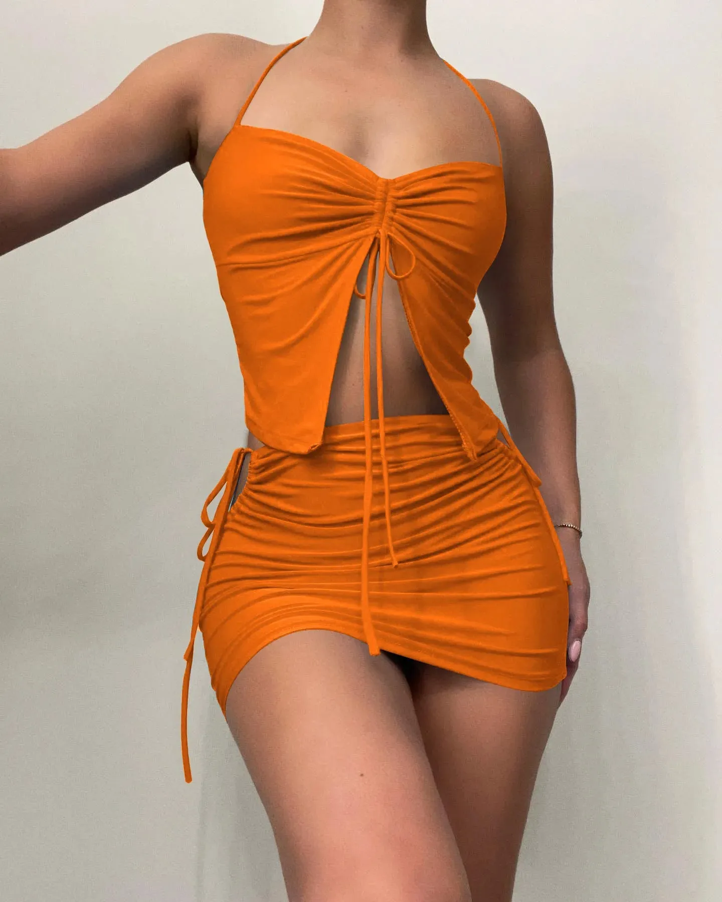 LVSANW CM.YAYA Women Drawstring Ruched Up Bodycon Midi Mini Skirts Set and Butterfly Crop Top Sexy Club Two 2 Piece Set Dress Outfits