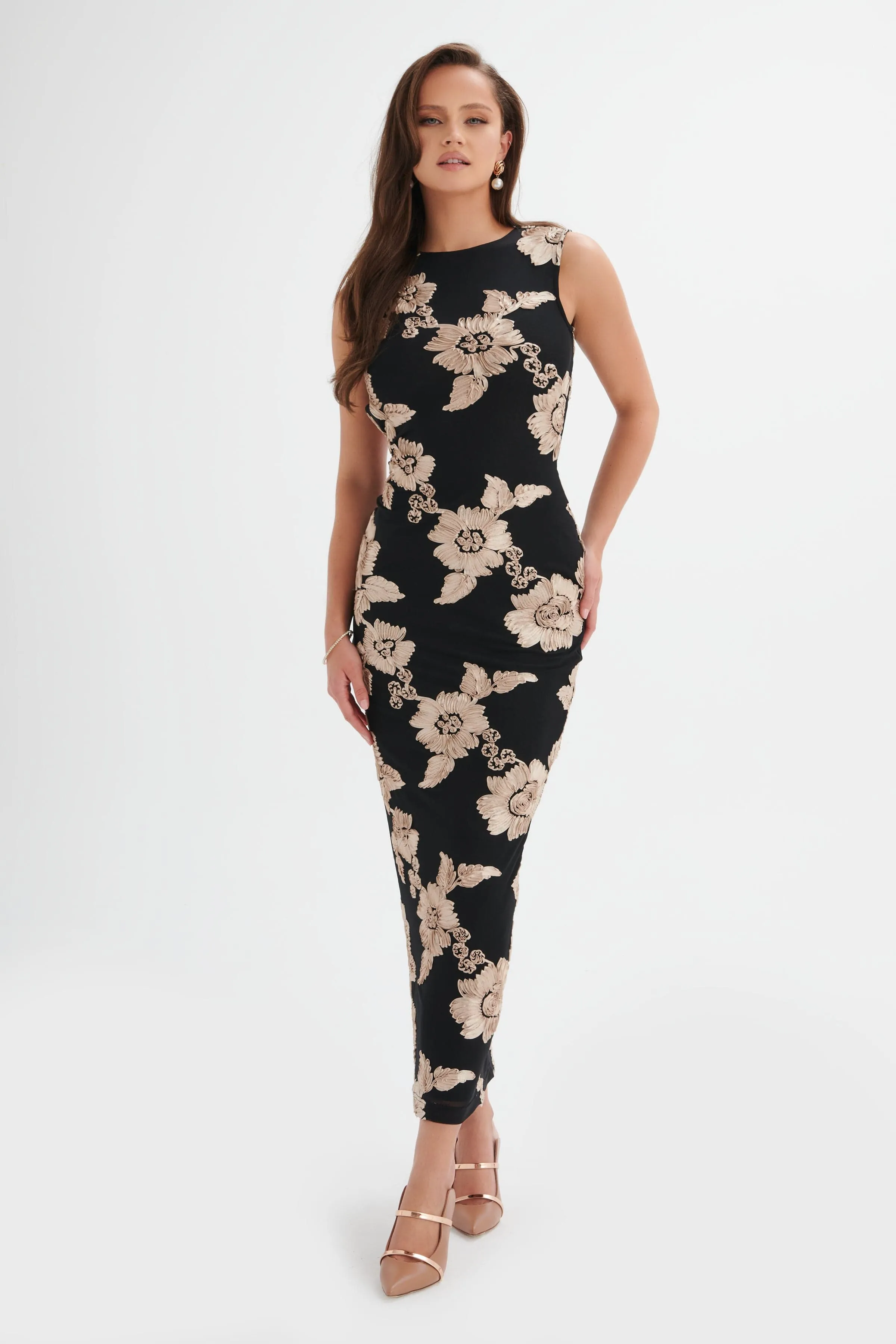 MABEL Floral Satin Applique Longline Mesh Dress in Black