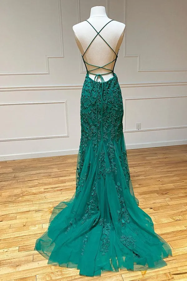 Mermaid Green Lace Long Prom Dress Backless Evening Dress