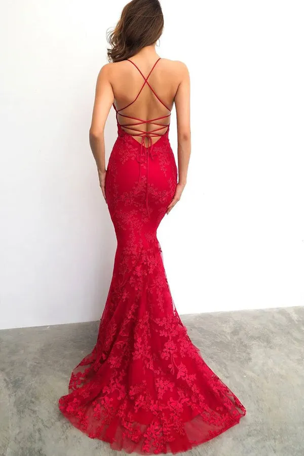 Mermaid Red Lace Prom Dress Backless Evening Dress