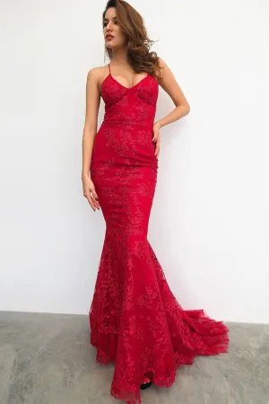 Mermaid Red Lace Prom Dress Backless Evening Dress