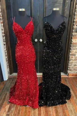 Mermaid Sequins Long Prom Dress Spaghetti Strap Backless Evening Party Dress