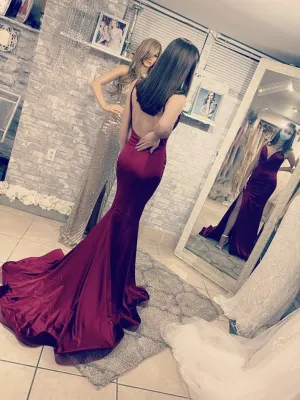 Mermaid V Neck Backless Burgundy Long Promes, Mermaid Burgundy Formal, Burgundy Evening