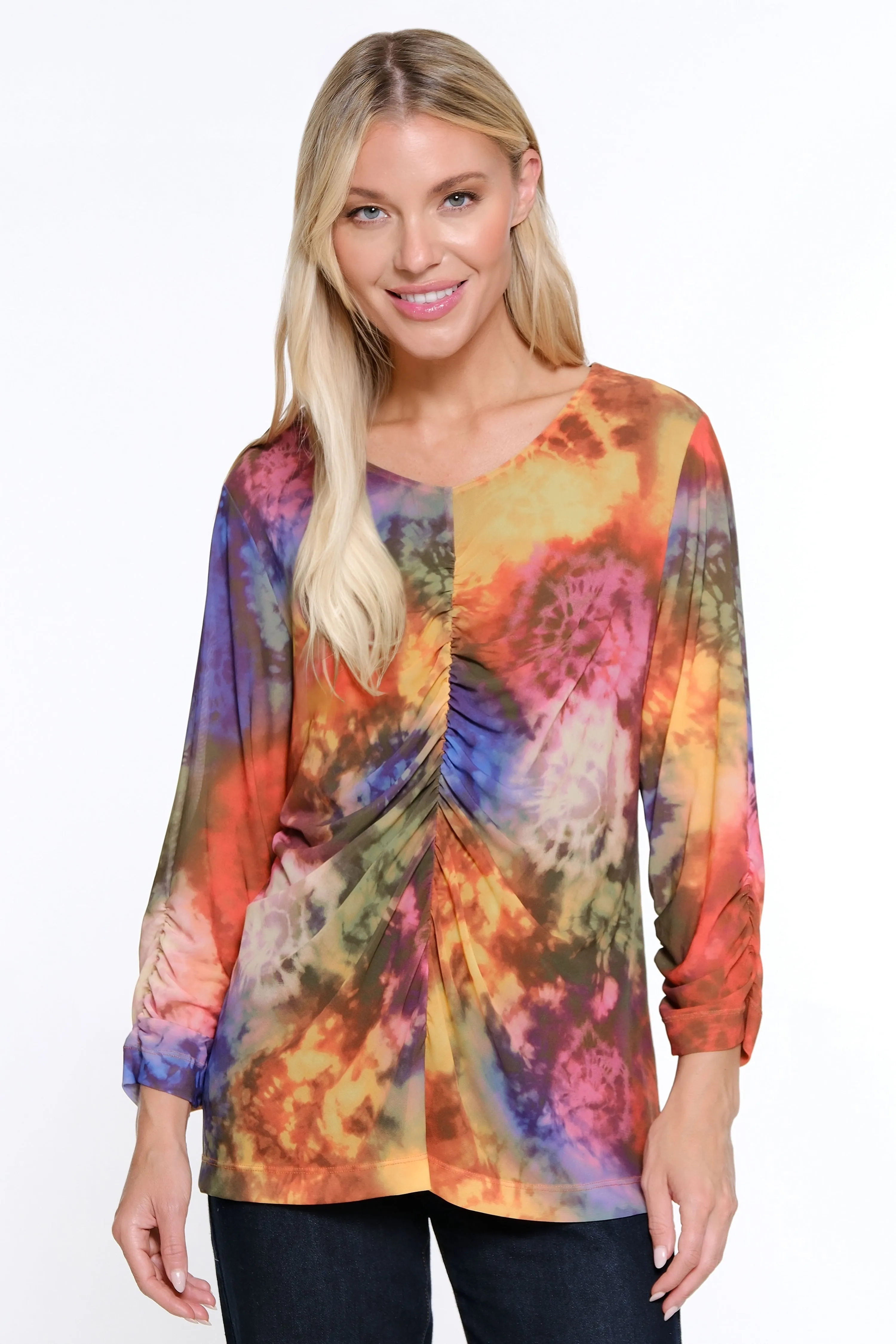 Mesh V-Neck Tunic - Petite - Tie Dye Multi