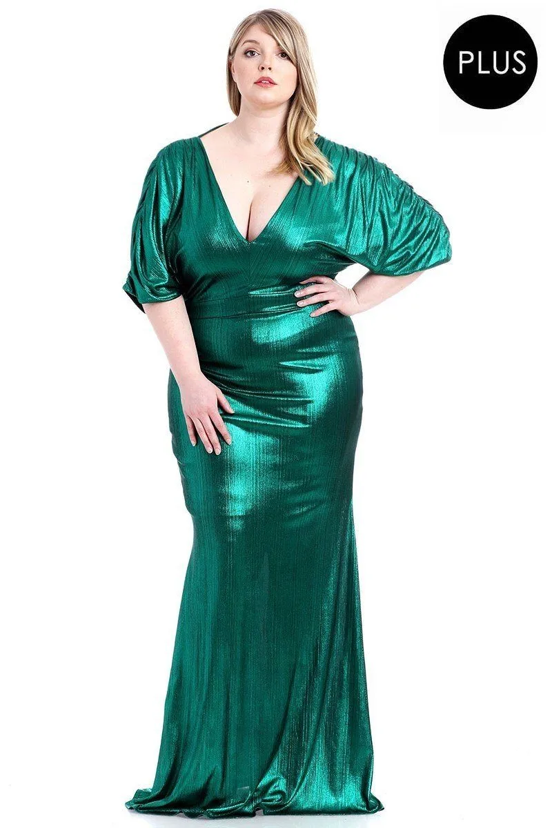 Metallic Ribbed Deep V-neckline Dress