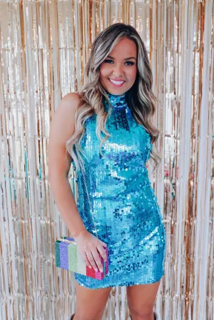 Milady Sequin Halter Neck Mini Dress - Aqua