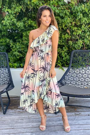 Multicolored High Low Dress With Palm Print