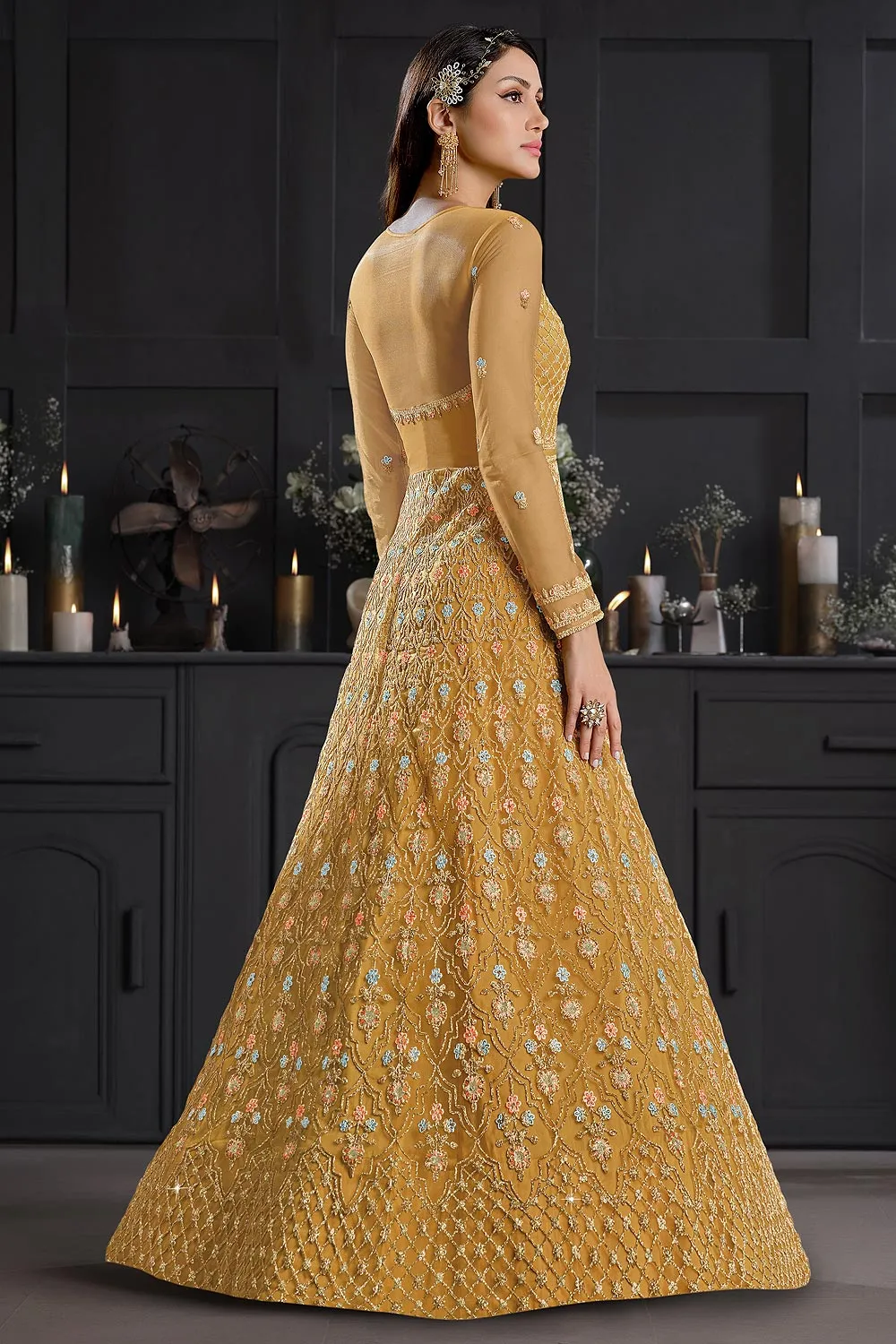 Mustard Yellow Butterfly Net Wedding Anarkali Suit