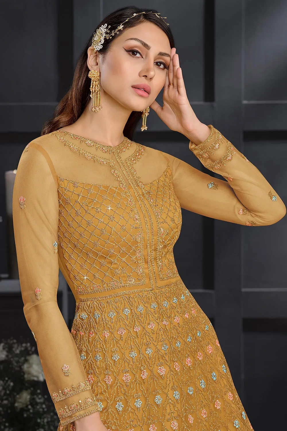 Mustard Yellow Butterfly Net Wedding Anarkali Suit