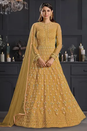 Mustard Yellow Butterfly Net Wedding Anarkali Suit