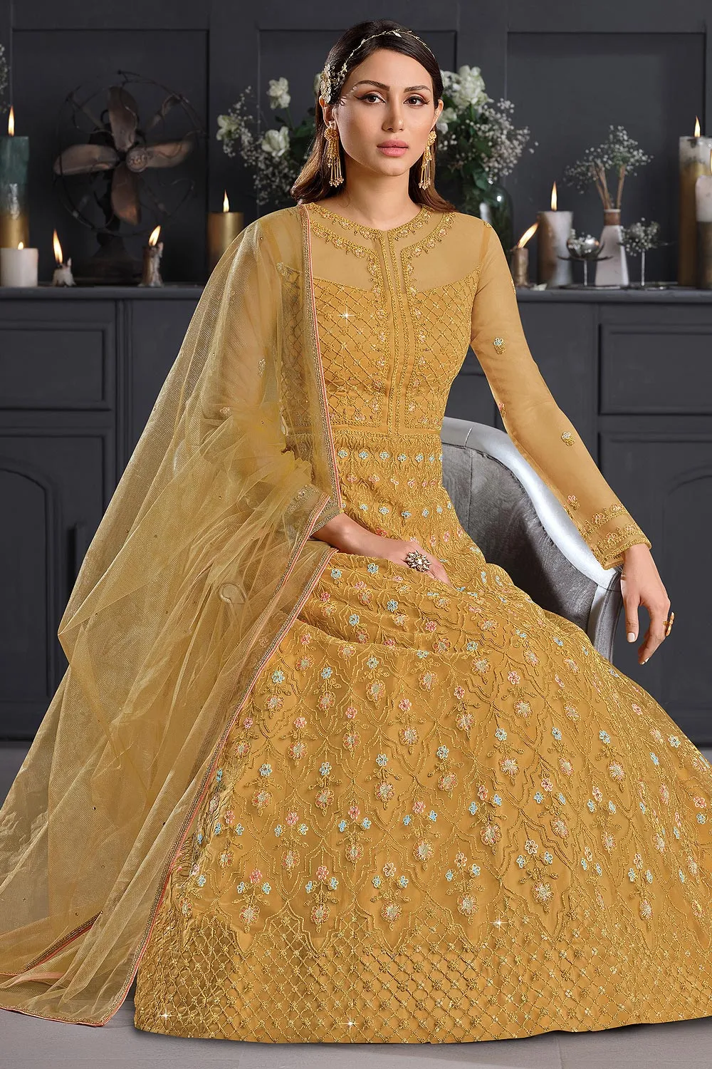 Mustard Yellow Butterfly Net Wedding Anarkali Suit