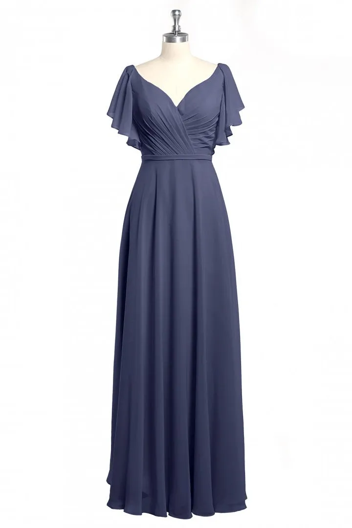 Navy Blue V-Neck Backless Ruffled A-Line Long Dress