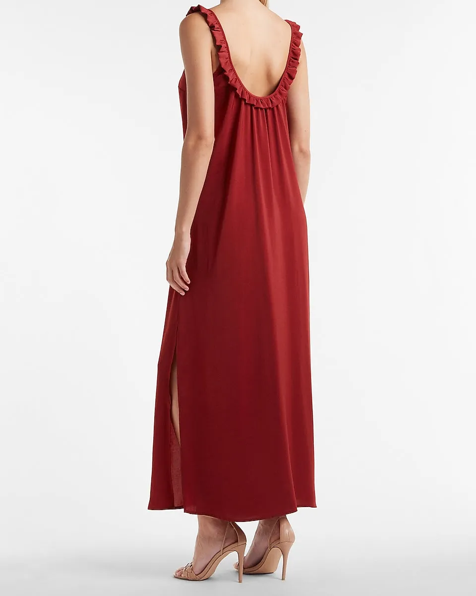 Open Back Ruffle Maxi Slip Dress in Molten Brown