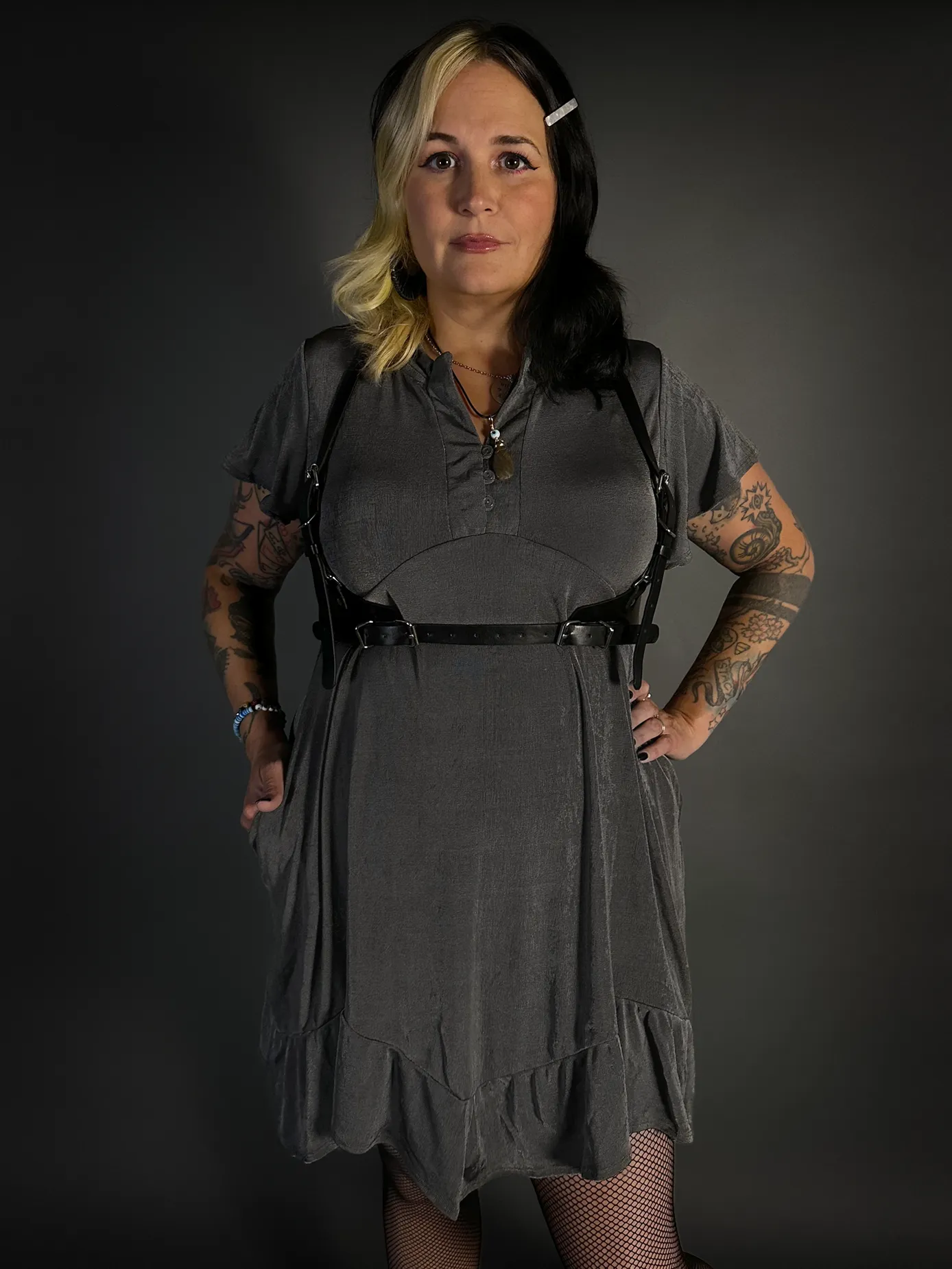 Outfit Set - Ruffled Hem Button Collar Babydoll Dress with Pockets & Black Shoulder Harness Belt