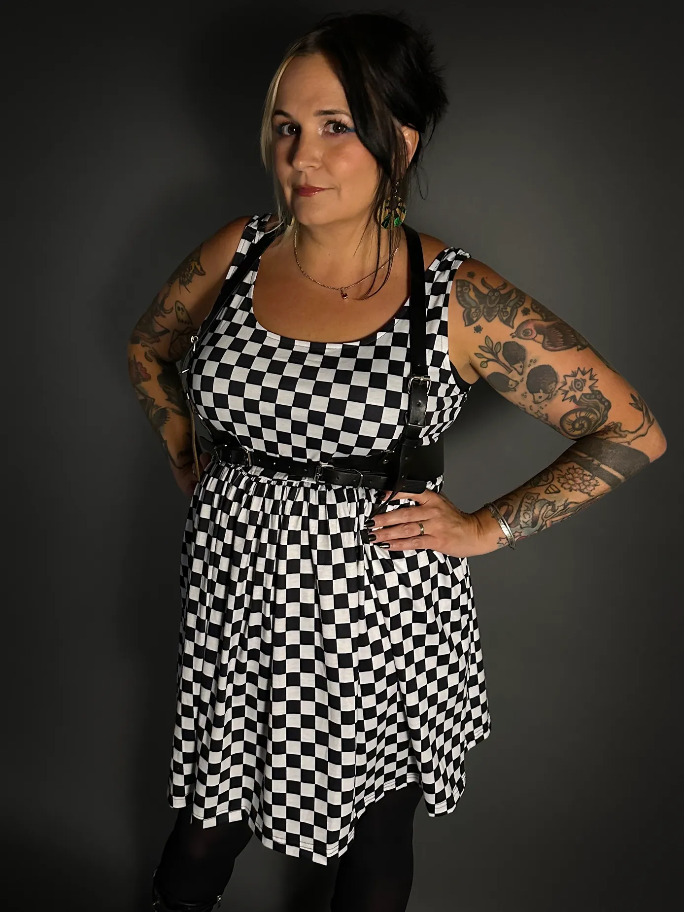 Outfit Set - Tommyrot Checkered Skater Dress & Classic Black Shoulder Harness Belt