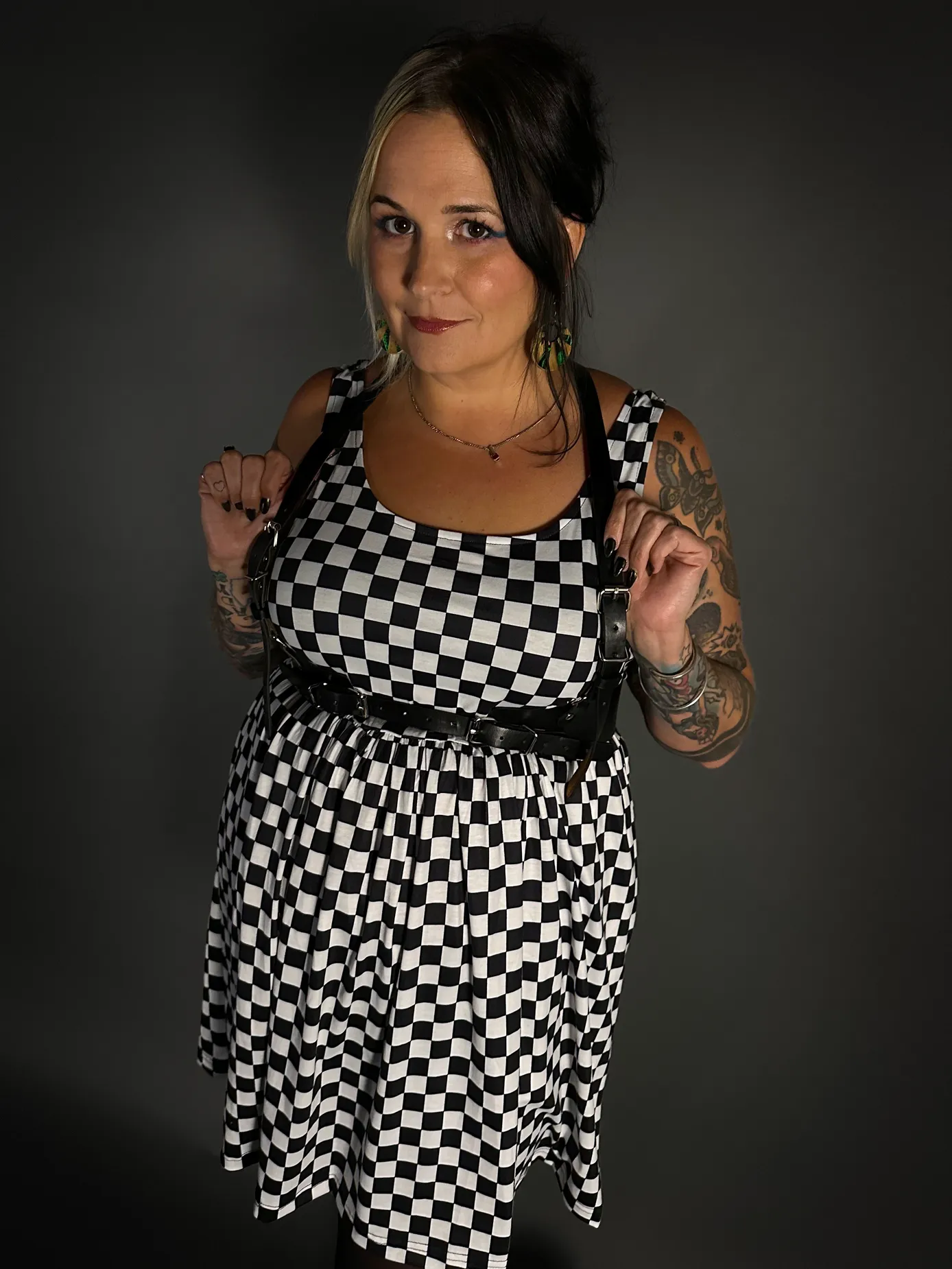 Outfit Set - Tommyrot Checkered Skater Dress & Classic Black Shoulder Harness Belt