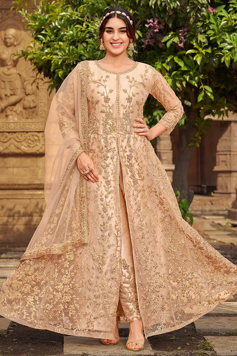 Peachy Beige Heavy Butterfly Net Beautiful Anarkali Suit