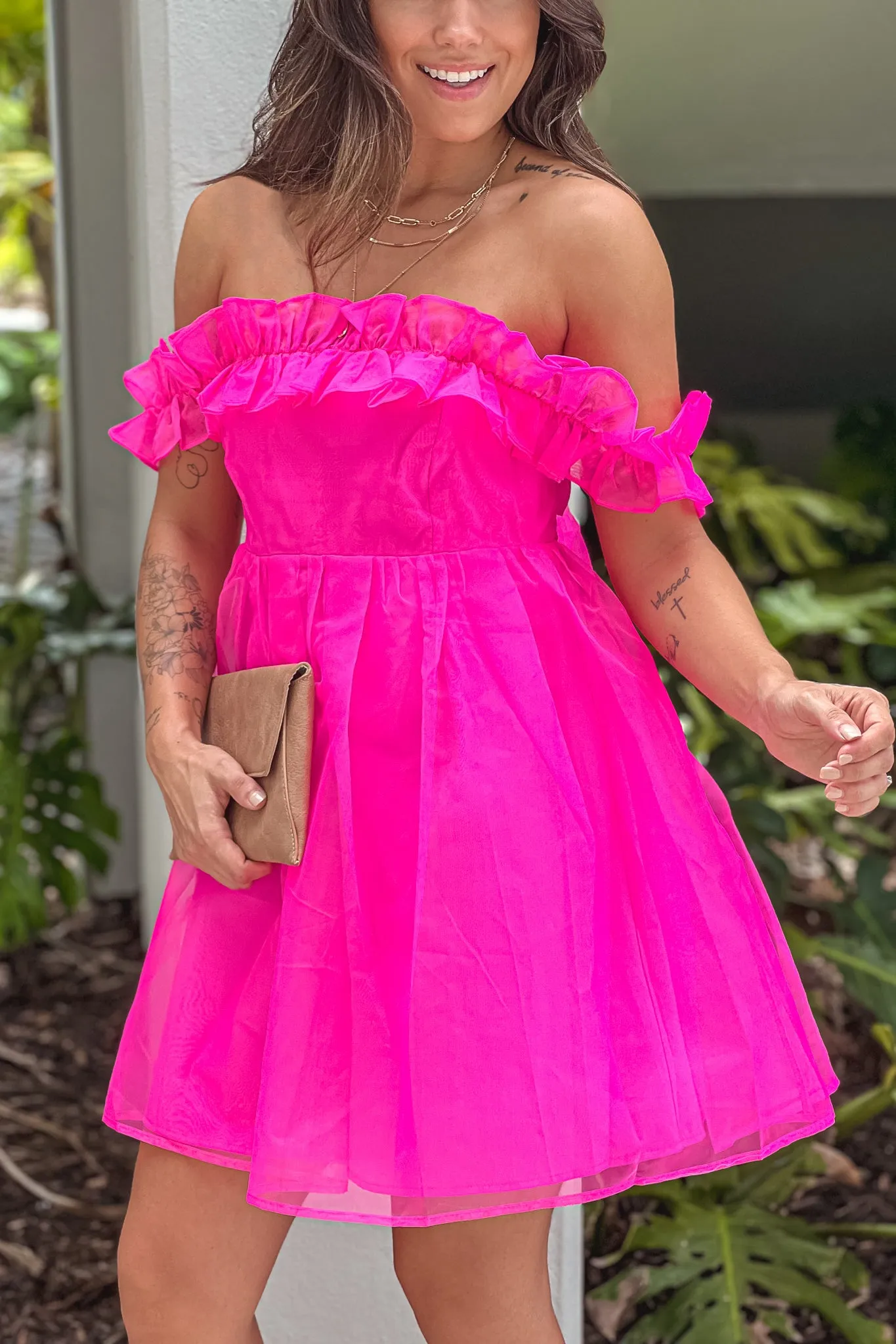 Pink Organza Puff Dress With Ruffle Detail