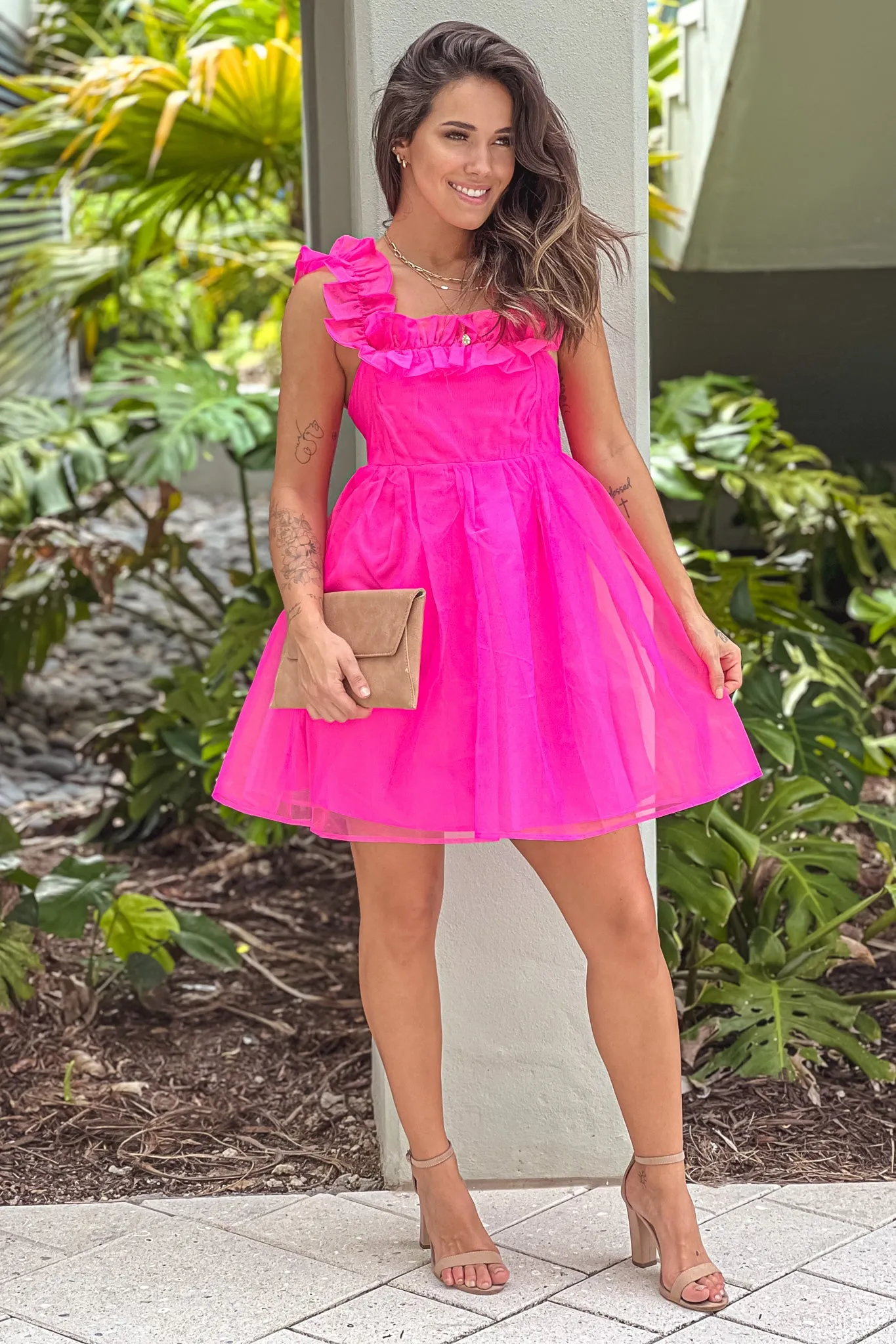 Pink Organza Puff Dress With Ruffle Detail