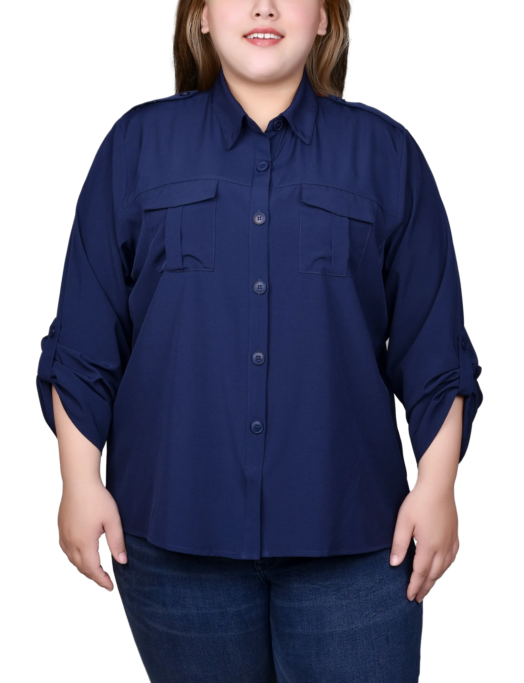 Plus Size 3/4 Sleeve Roll Tab Blouse