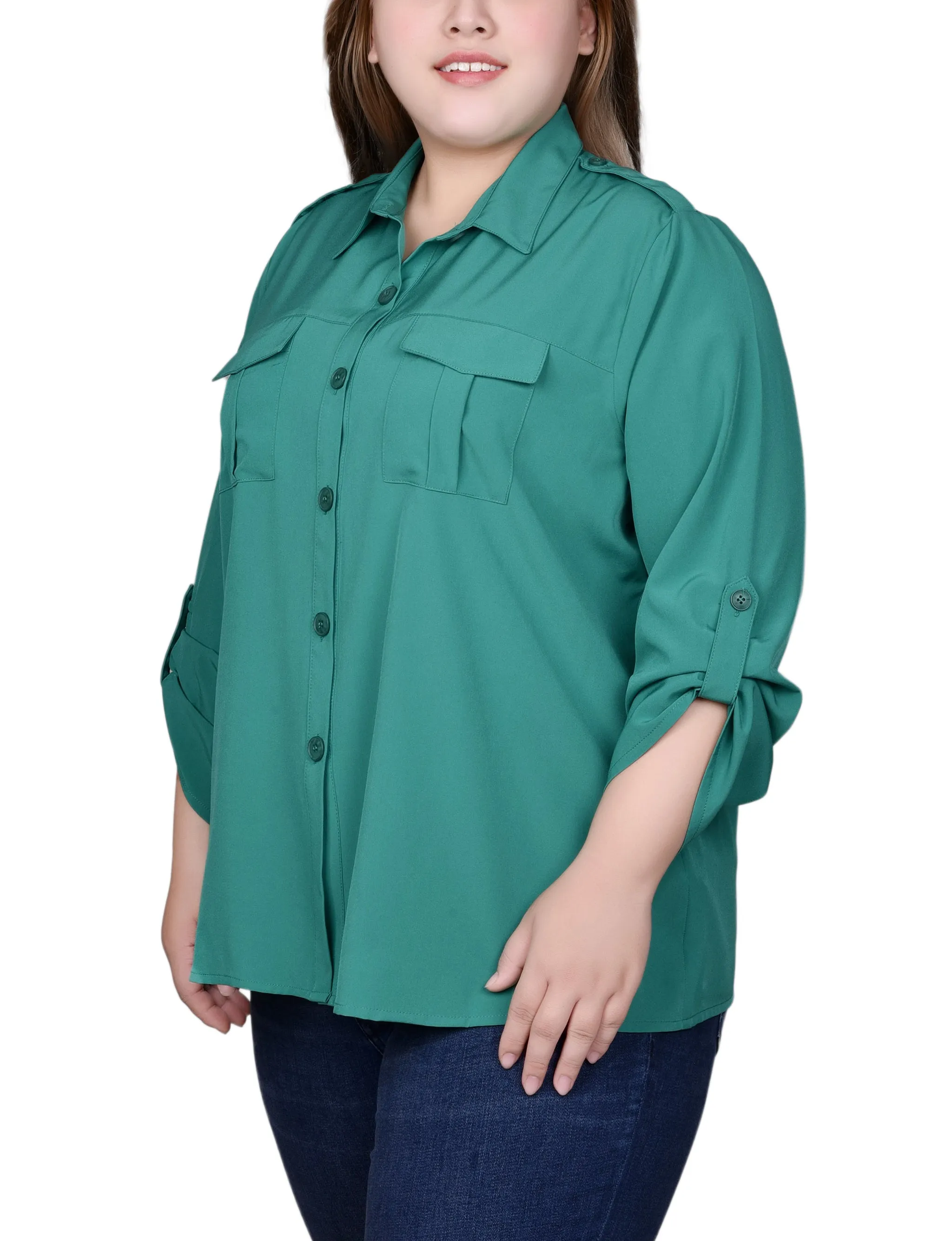 Plus Size 3/4 Sleeve Roll Tab Blouse