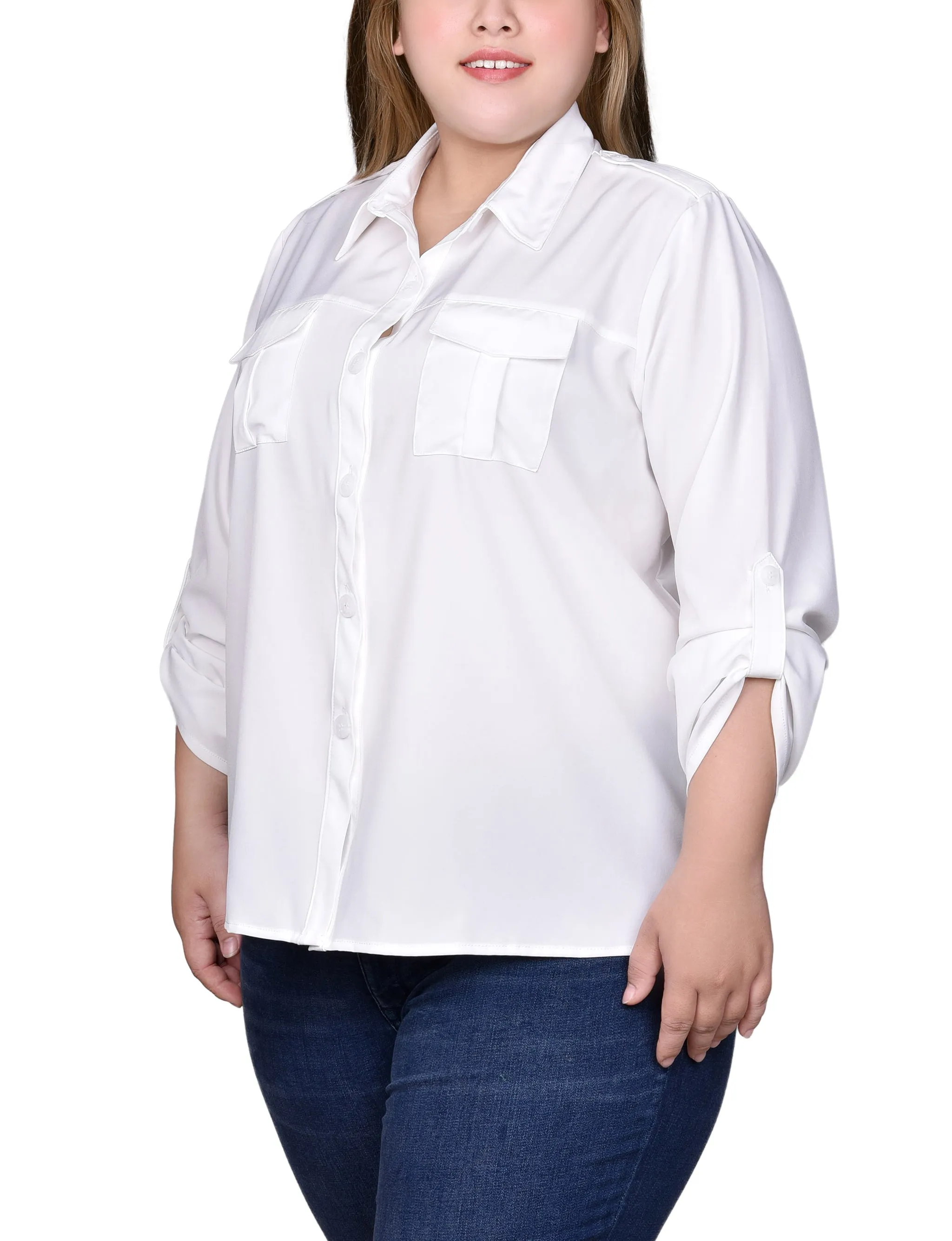 Plus Size 3/4 Sleeve Roll Tab Blouse