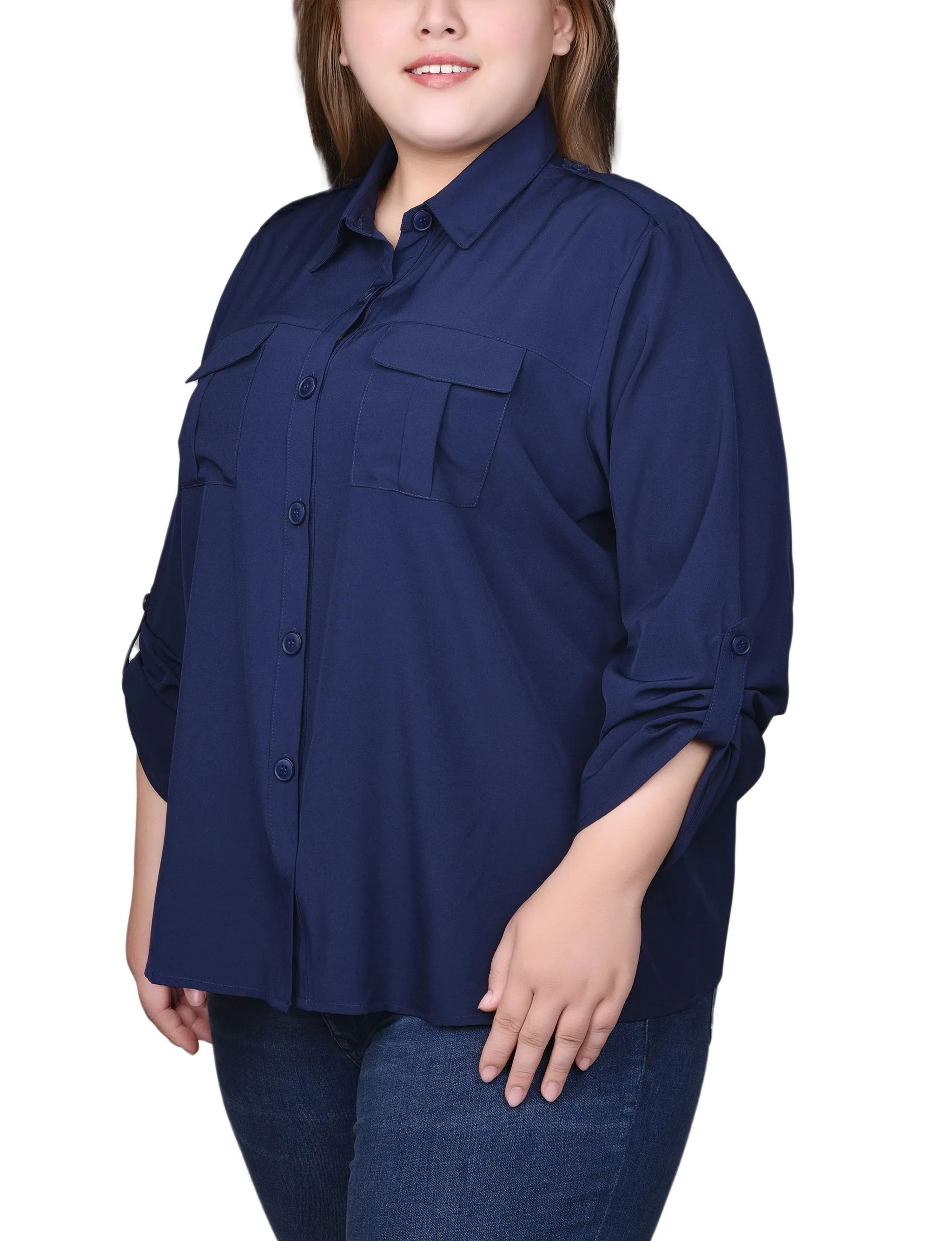 Plus Size 3/4 Sleeve Roll Tab Blouse