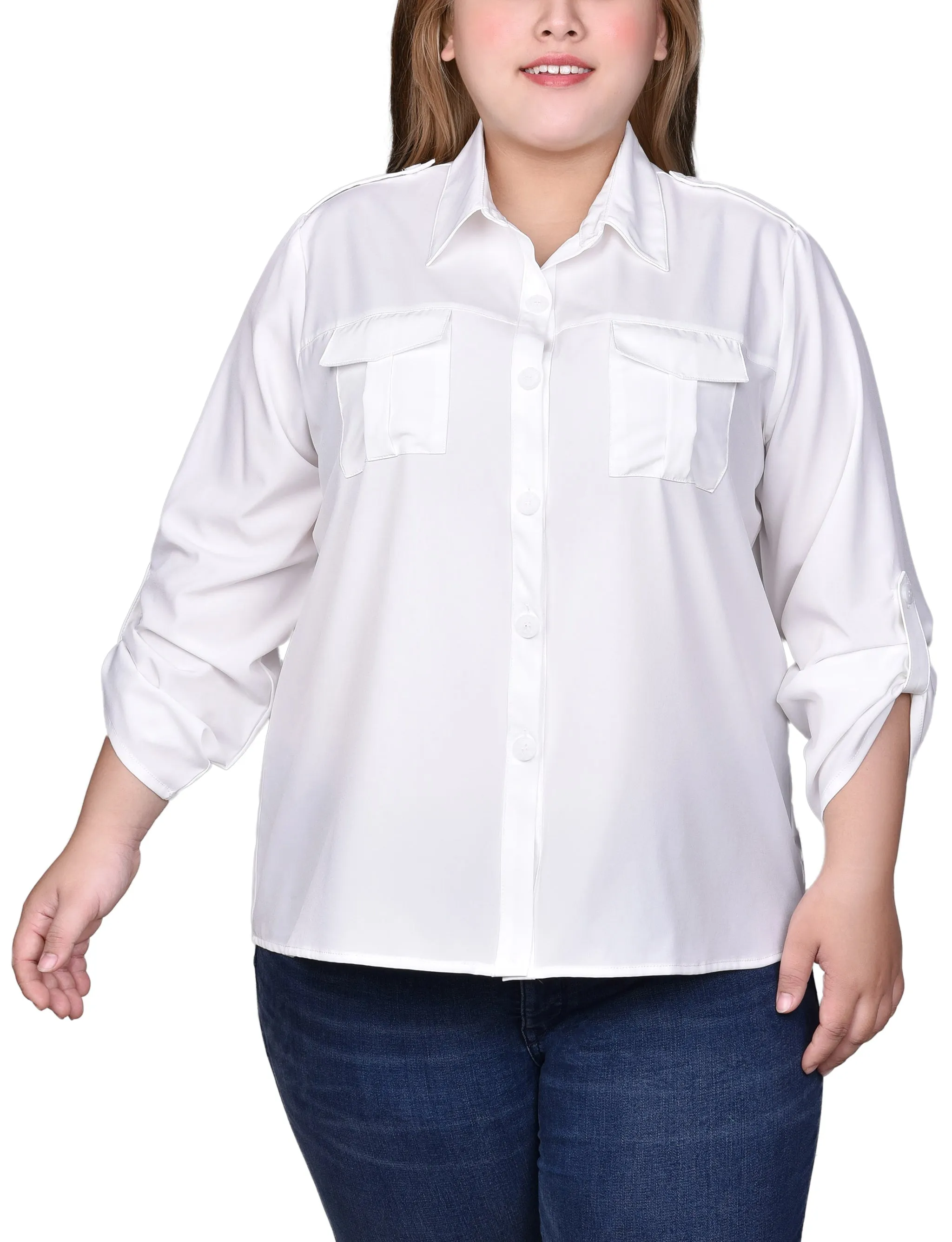 Plus Size 3/4 Sleeve Roll Tab Blouse