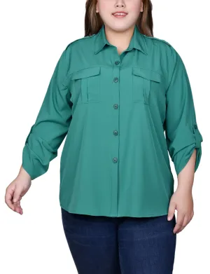 Plus Size 3/4 Sleeve Roll Tab Blouse