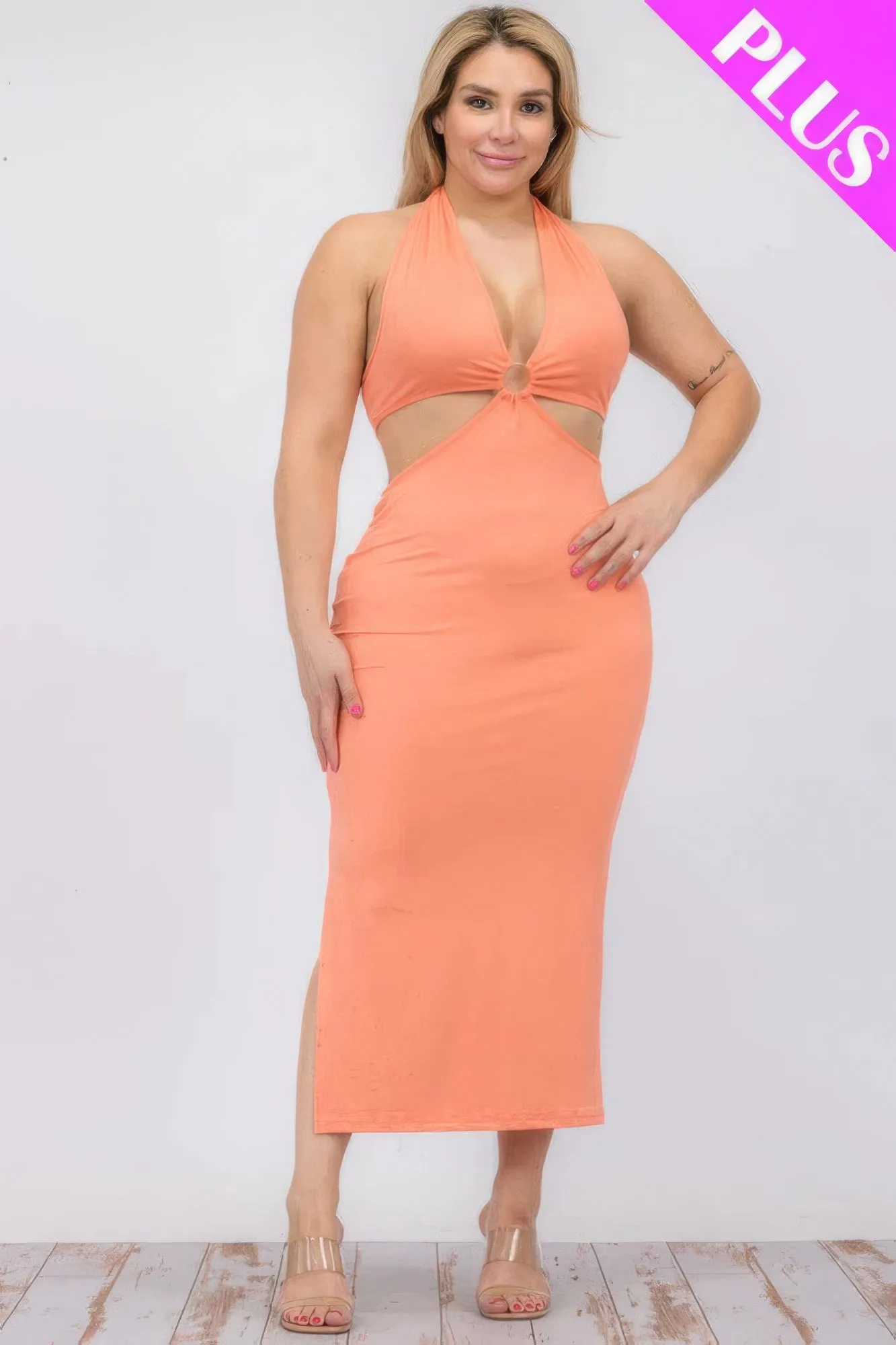 Plus Size Halter Neck Tie Split Thigh Midi Dress