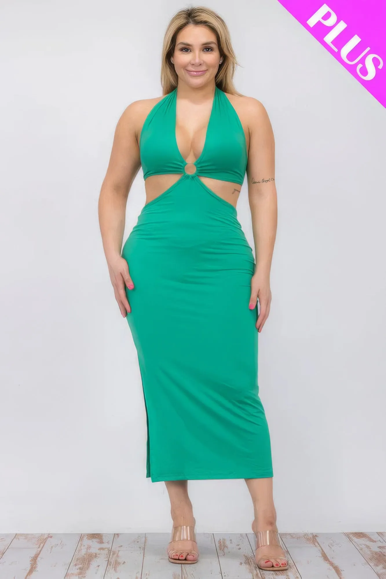 Plus Size Halter Neck Tie Split Thigh Midi Dress