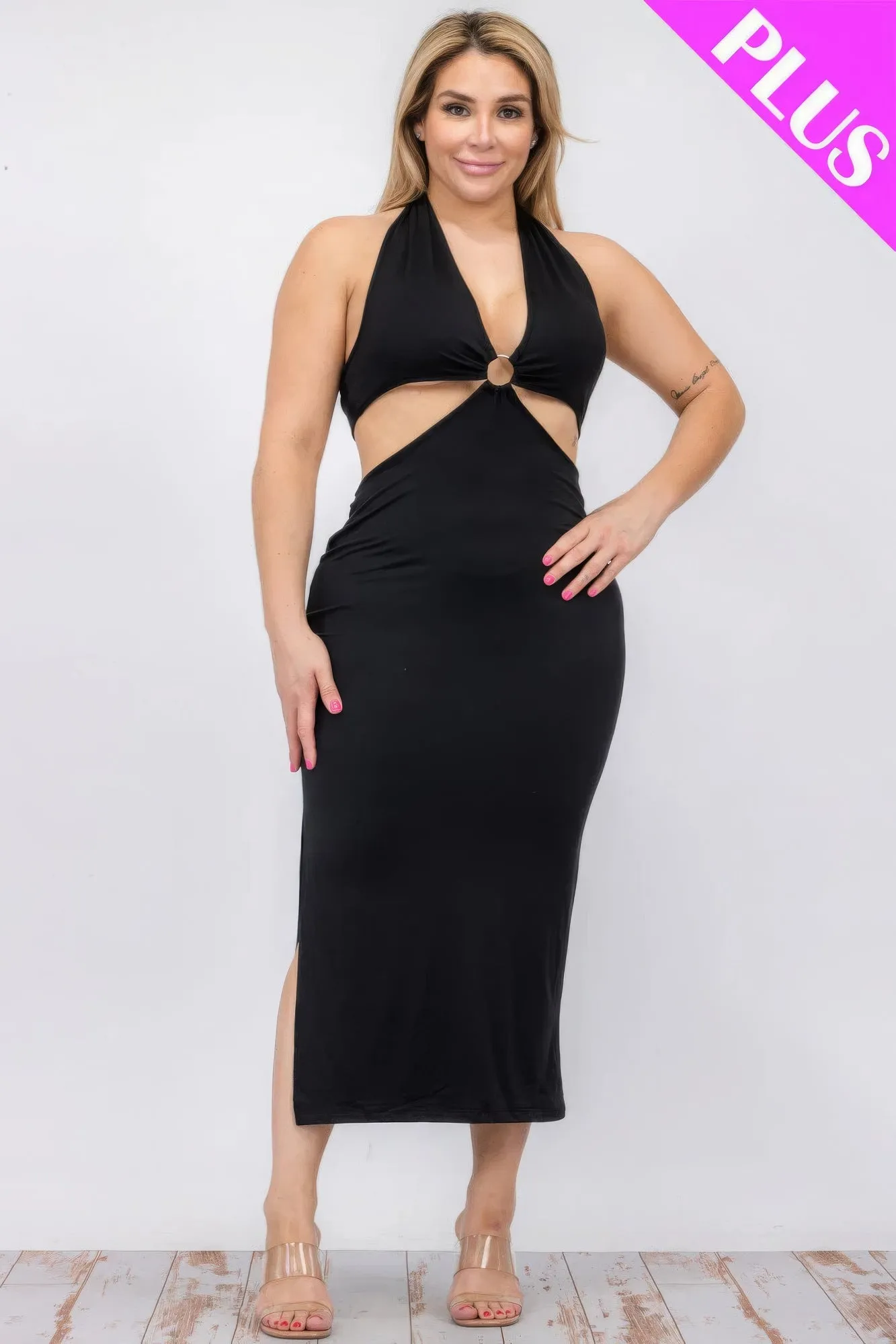 Plus Size Halter Neck Tie Split Thigh Midi Dress