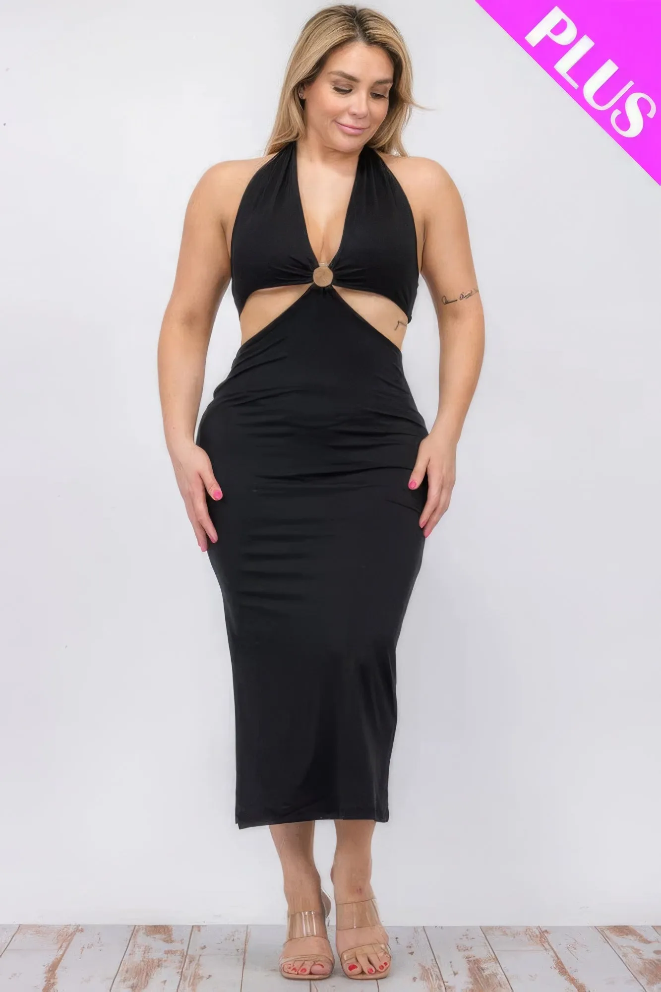 Plus Size Halter Neck Tie Split Thigh Midi Dress