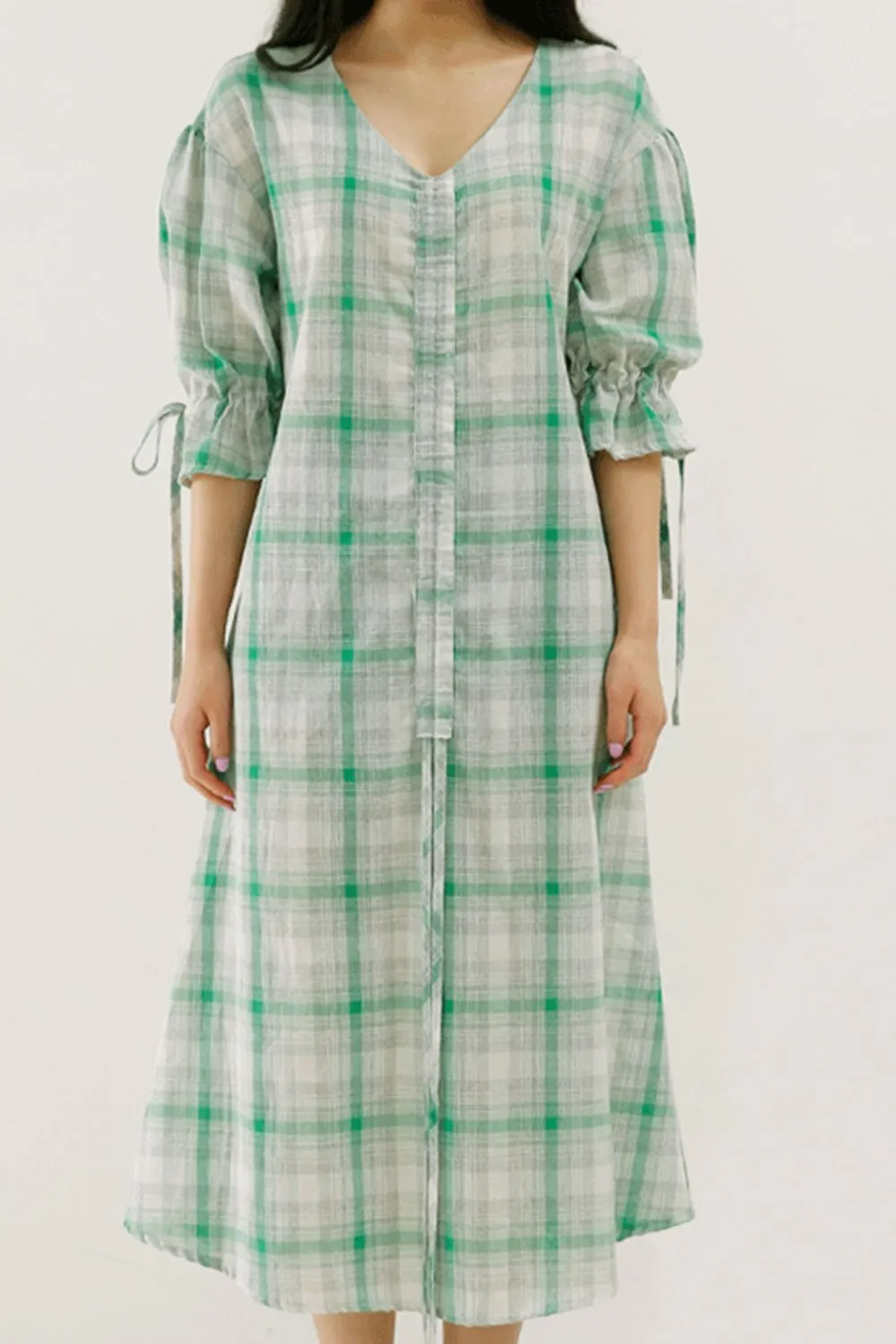 Plus Size Plaid Drawstring Detail Flounce Sleeve Dress