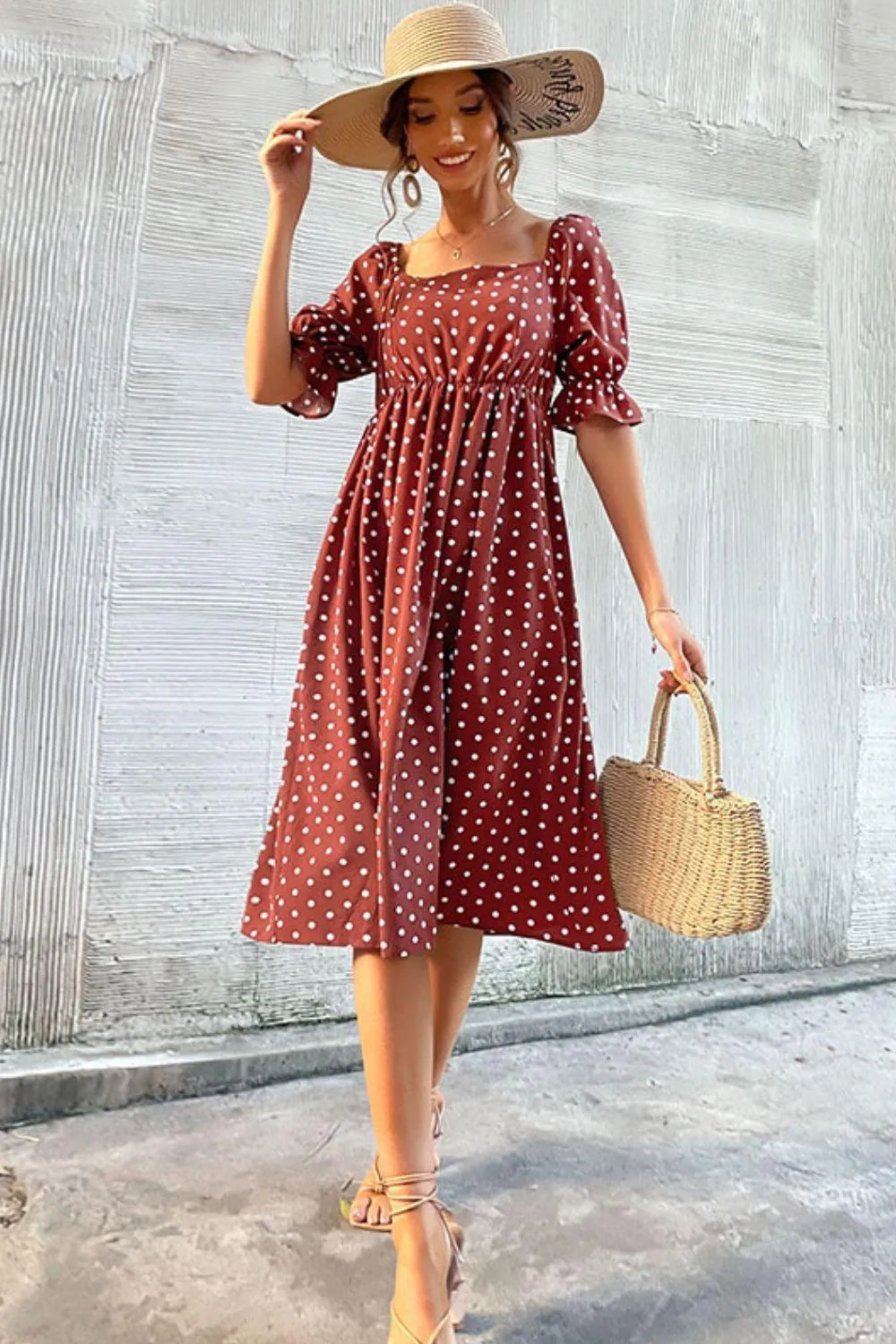 Polka Dot Square Neck Flounce Sleeve Dress