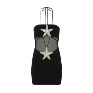 Pre Order:  Black Halter Starfish Mesh Patchwork Bandage Dress