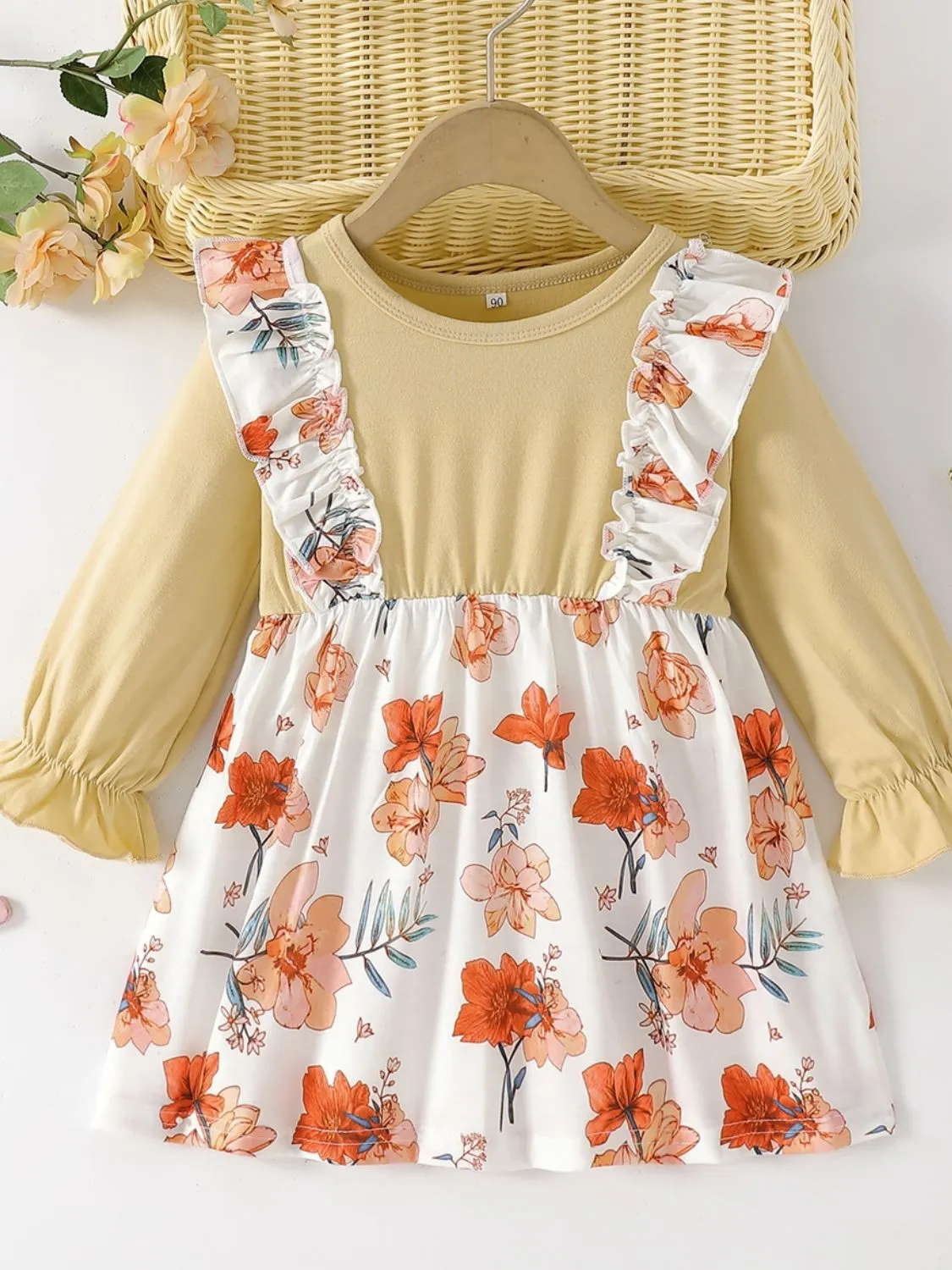 Printed Round Neck Flounce Sleeve Dress