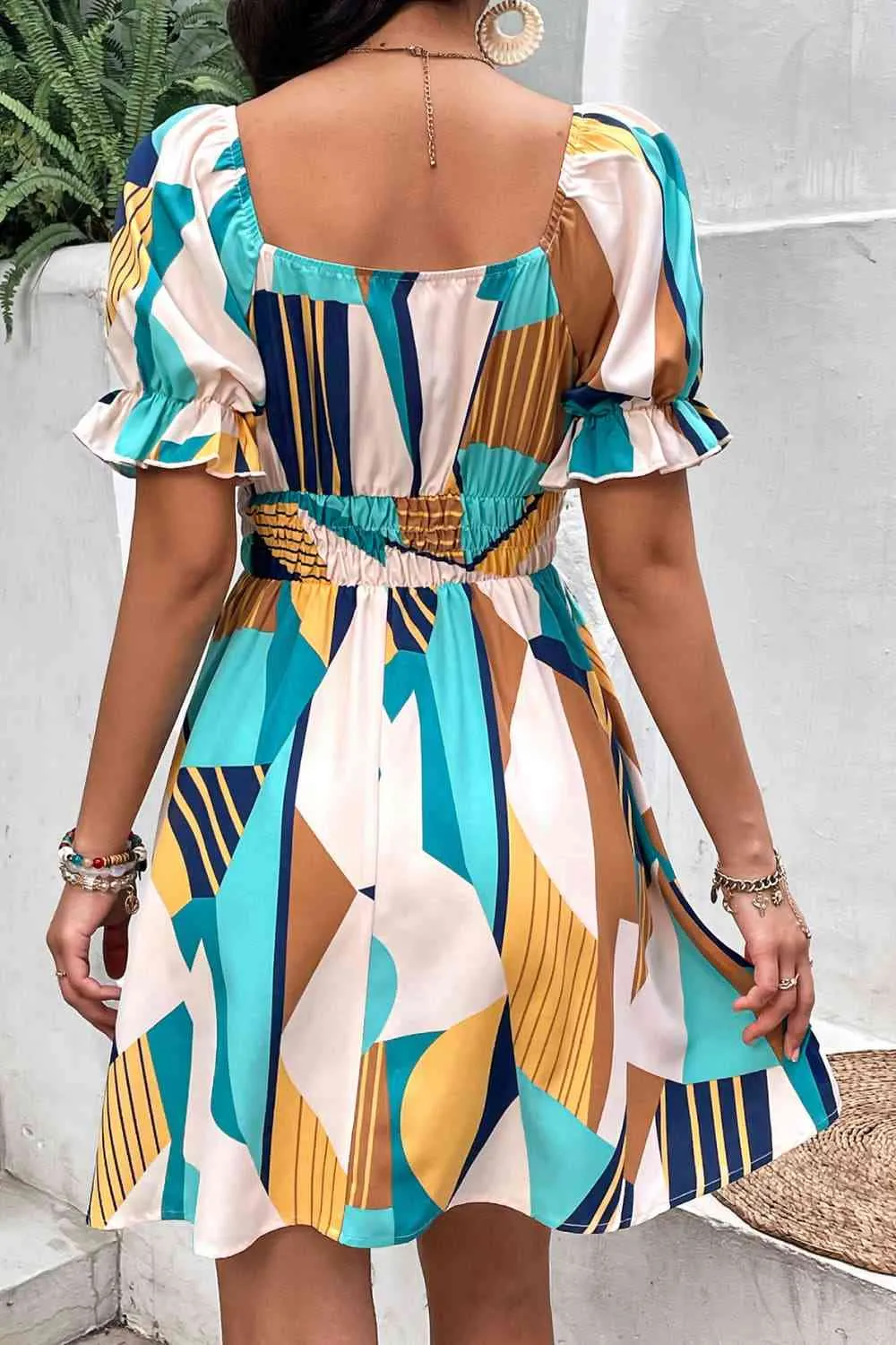 Printed Smocked Waist Flounce Sleeve Dress