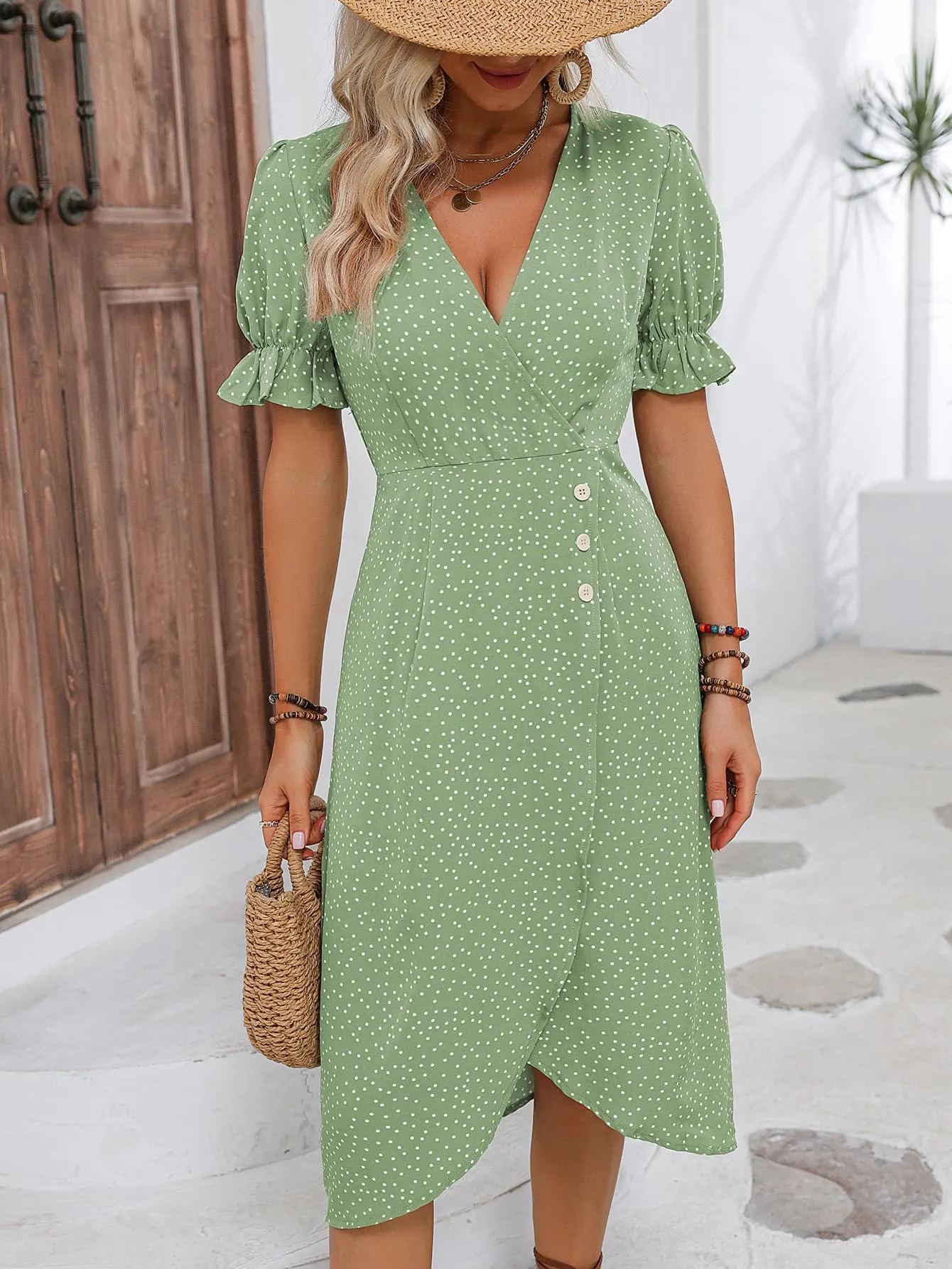 Printed Surplice Neck Flounce Sleeve Dress