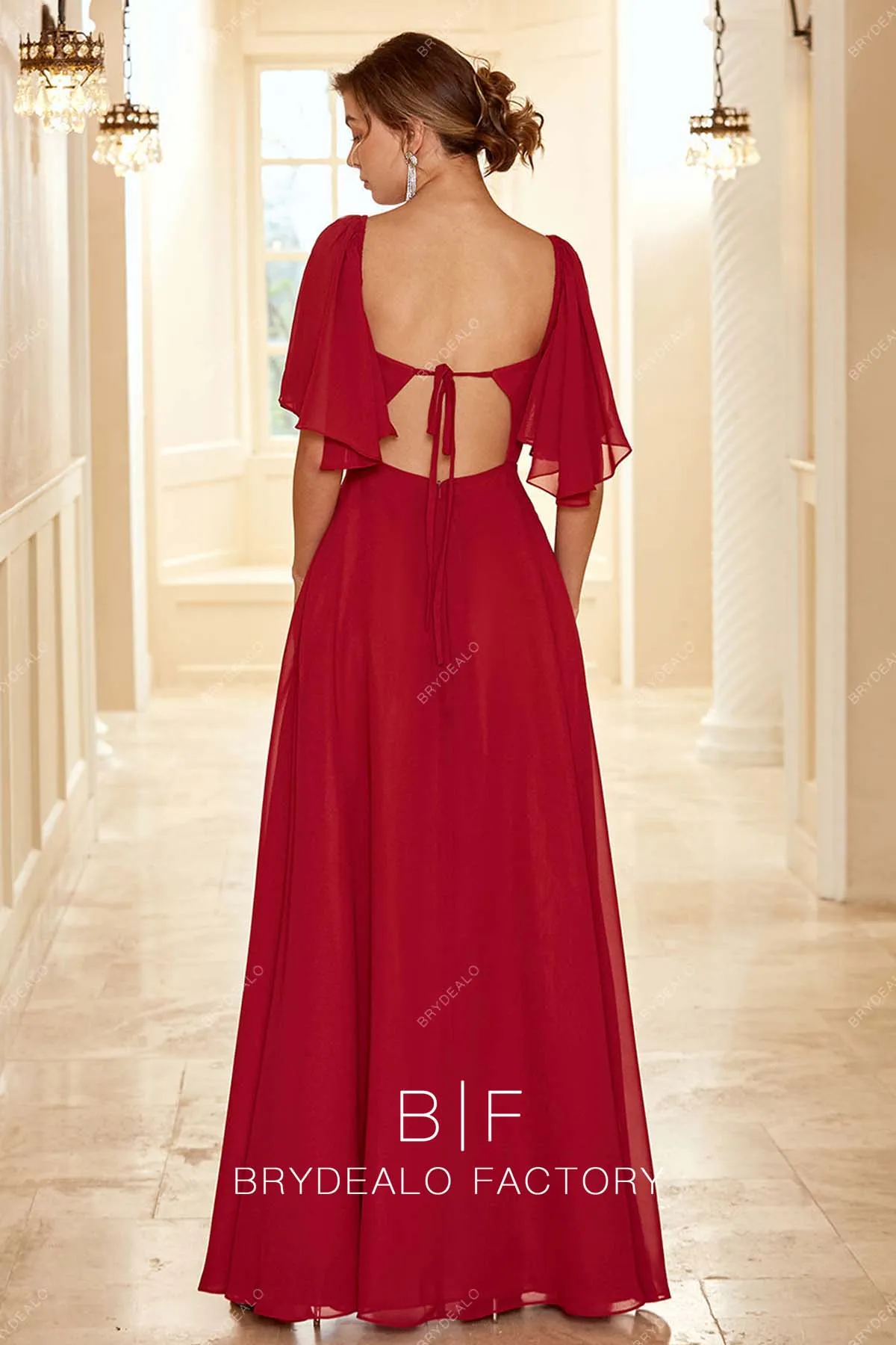 Red Chiffon Sheer Flutter Sleeves A-line Long Dress