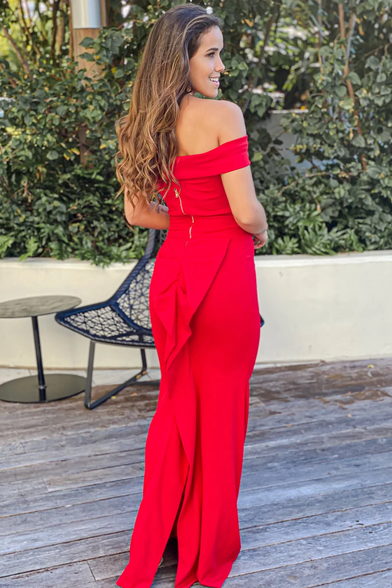 Red Maxi Dress With Ruffle Split