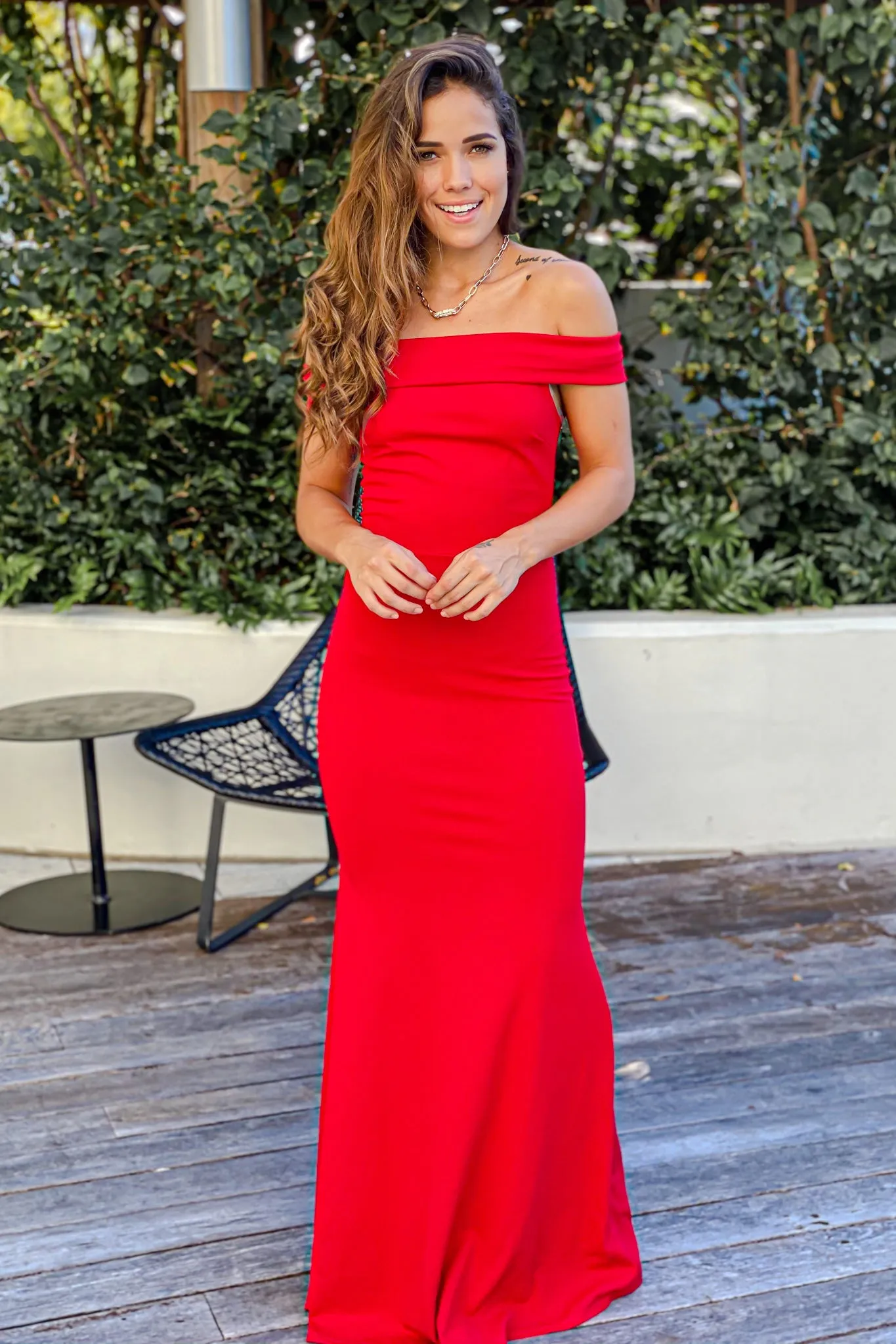 Red Maxi Dress With Ruffle Split