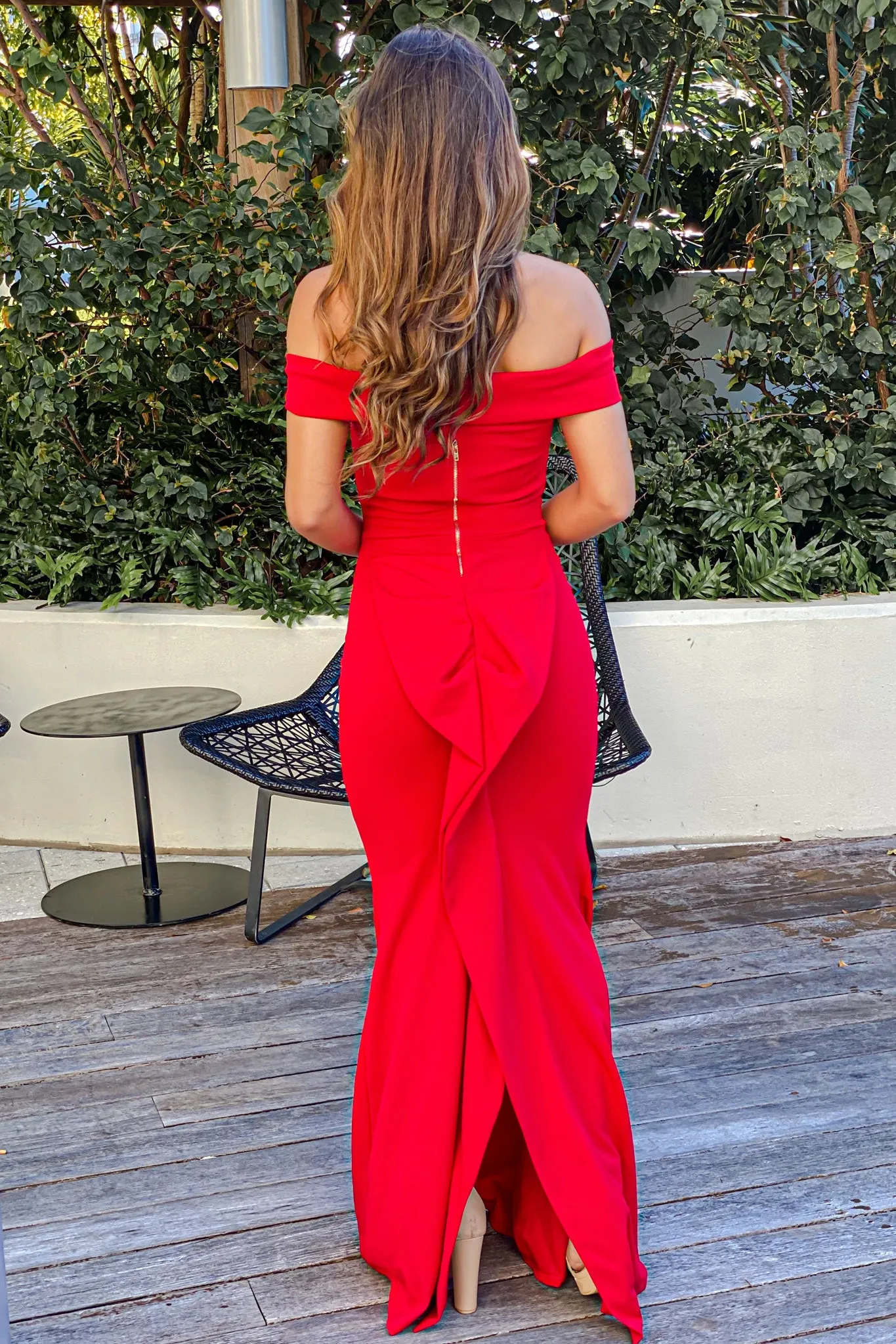 Red Maxi Dress With Ruffle Split