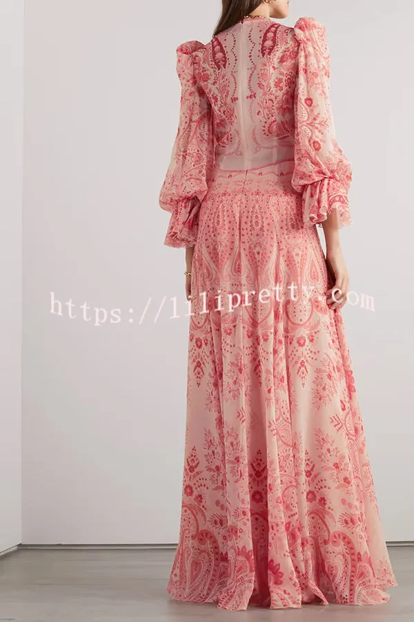 Romantic and Beautiful Paisley Print Balloon Sleeve Swing Maxi Dress