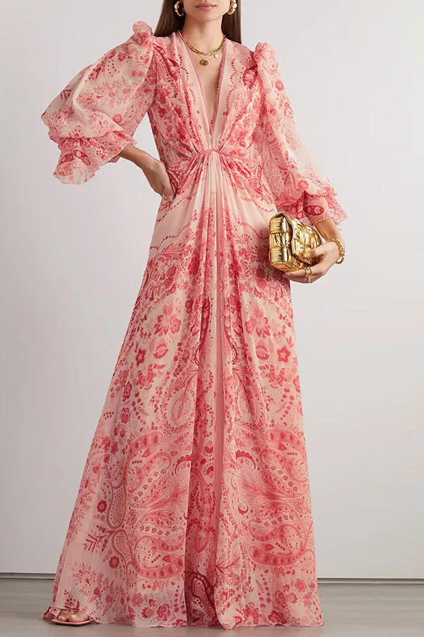 Romantic and Beautiful Paisley Print Balloon Sleeve Swing Maxi Dress