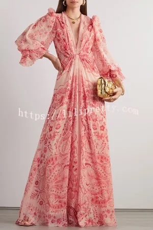 Romantic and Beautiful Paisley Print Balloon Sleeve Swing Maxi Dress