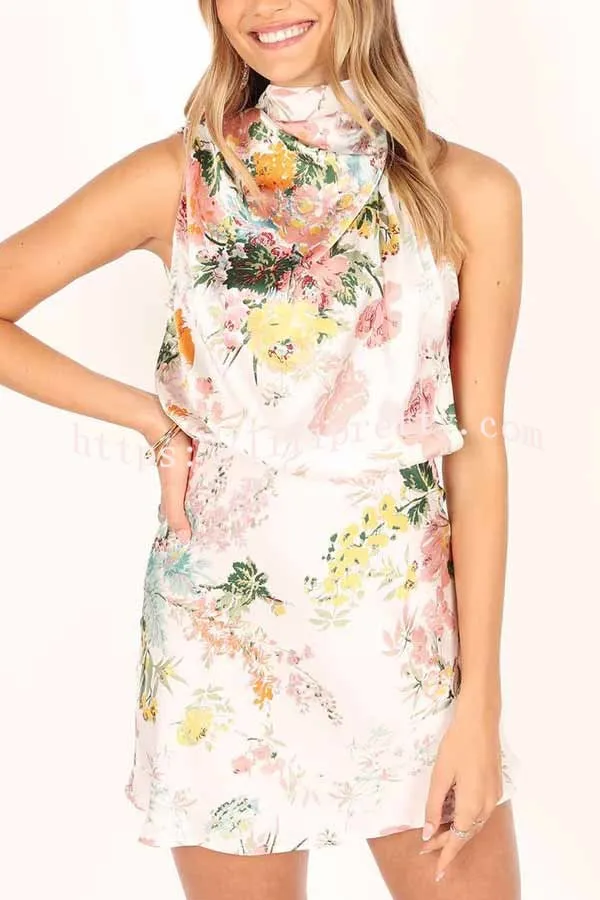 Romantic and Forever Satin Floral High Neck Mini Dress